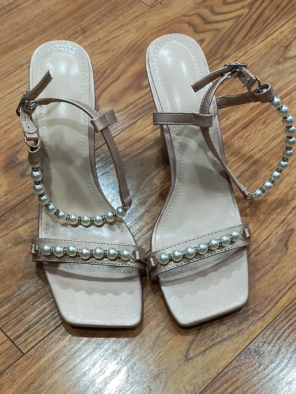 Source Unknown Nude Pearl-Embellished T-Strap Heels